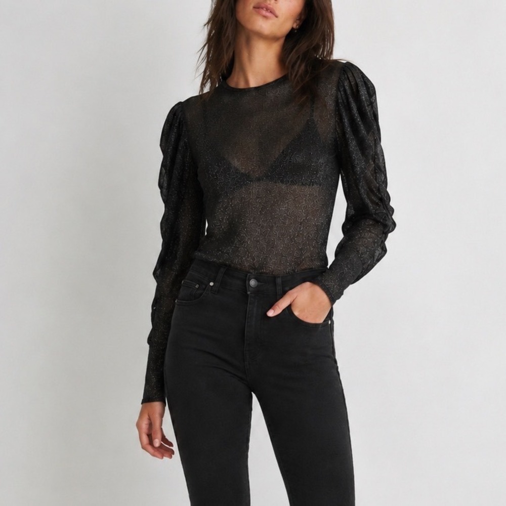 The Kooples Metallic Sheer Ruched Sleeve Top Women's Small Black Party Grunge